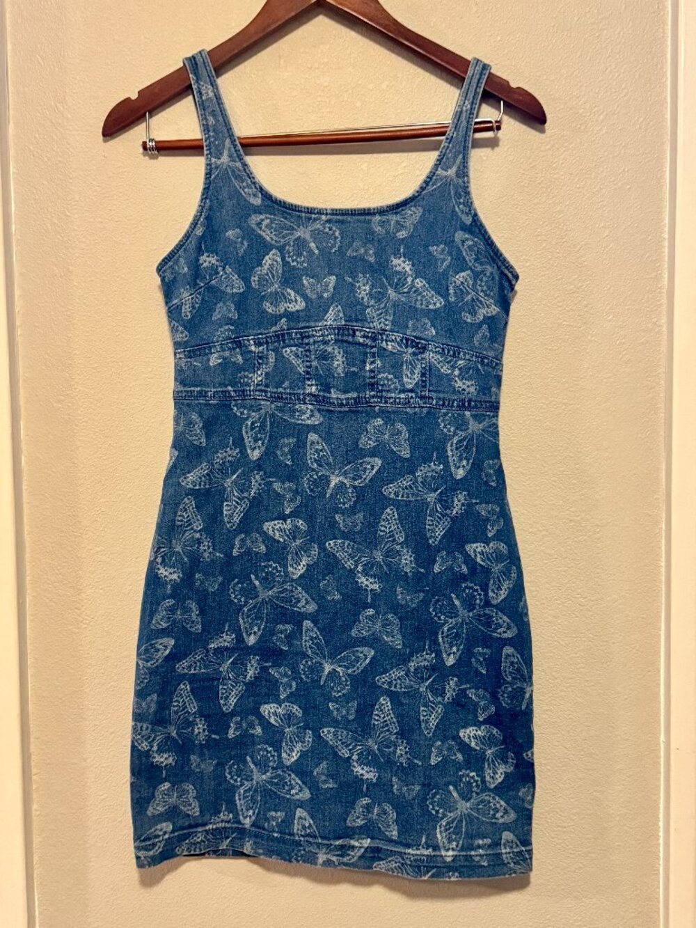 No Boundaries Butterfly Print Denim Bodycon Dress Small (3-5) Zip Back Fitted Mi